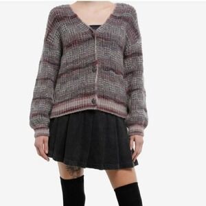 Cosmic‎ Aura Chunky Knit Cardigan Small Grey & Purple Skull Buttons Soft Goth
